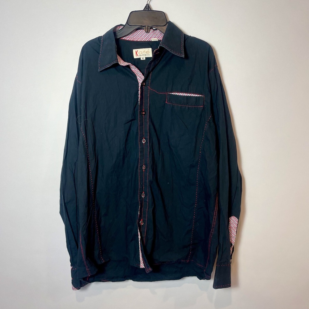 KAFE Long‎ Sleeve Button Up Dress Shirt Mens XL Black Geomtric Collared Pocket